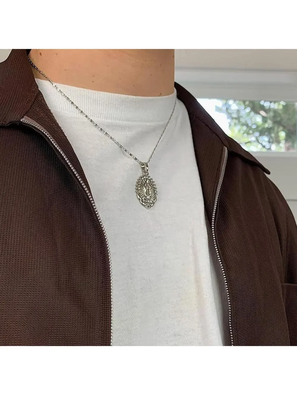 Silver Saint Marry rhinestone pendant y2k 90s style necklace chain. Grunge punk